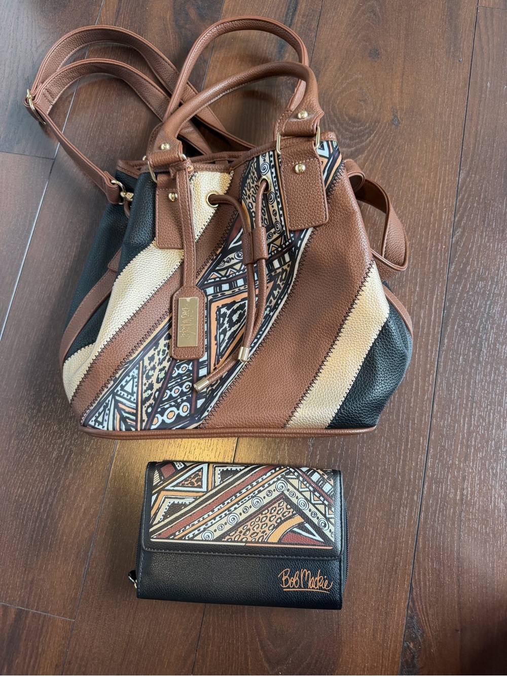NWOT Bob Mackie Boho Patchwork Bucket Handbag & Wallet